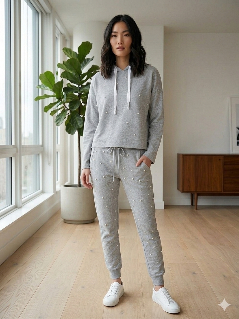 AMELIE FOLIES Pearl Embellished Jogger Set - Hoodie & Track Pants Set S